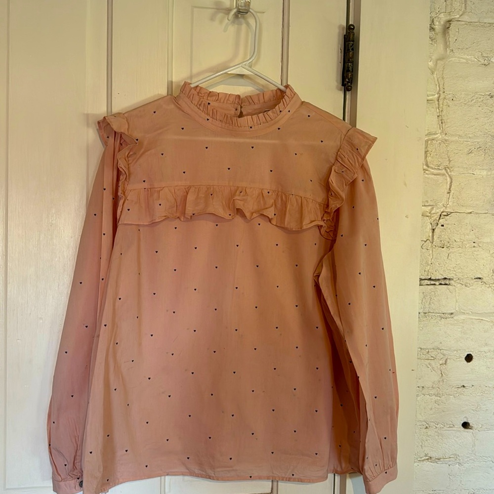 Loft Outlet- Light Pink Blouse- Ruffle and Black Heart Accents-XL